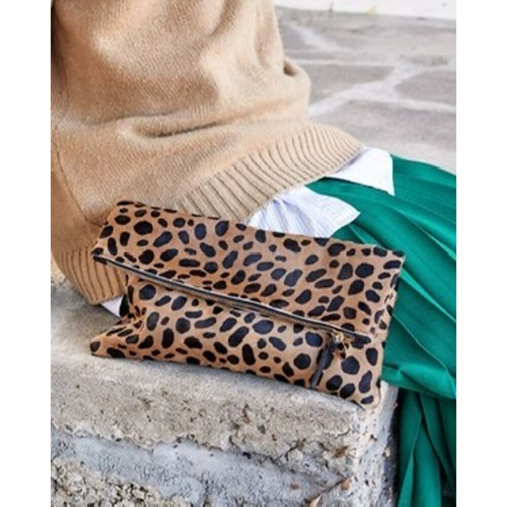 Clare Vivier Calf Hair Leopard Print Top Zip Foldover Clutch Handbag Brown Black - Picture 11 of 11